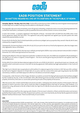 EADB POSITION STATEMENT ON MATTERS REGARDING ONE OF ITS DEBTORS IN THE REPUBLIC OF KENYA