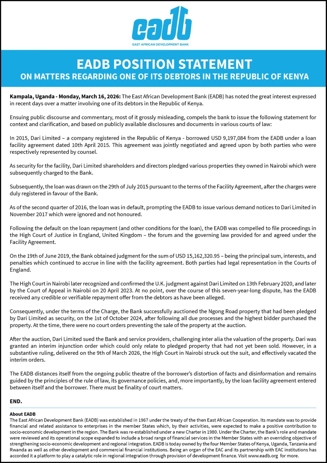 EADB POSITION STATEMENT ON MATTERS REGARDING ONE OF ITS DEBTORS IN THE REPUBLIC OF KENYA